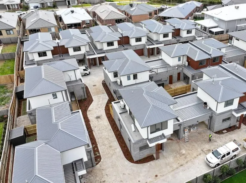 Aerial view of the Botanical Lara townhouse development in Lara, Geelong